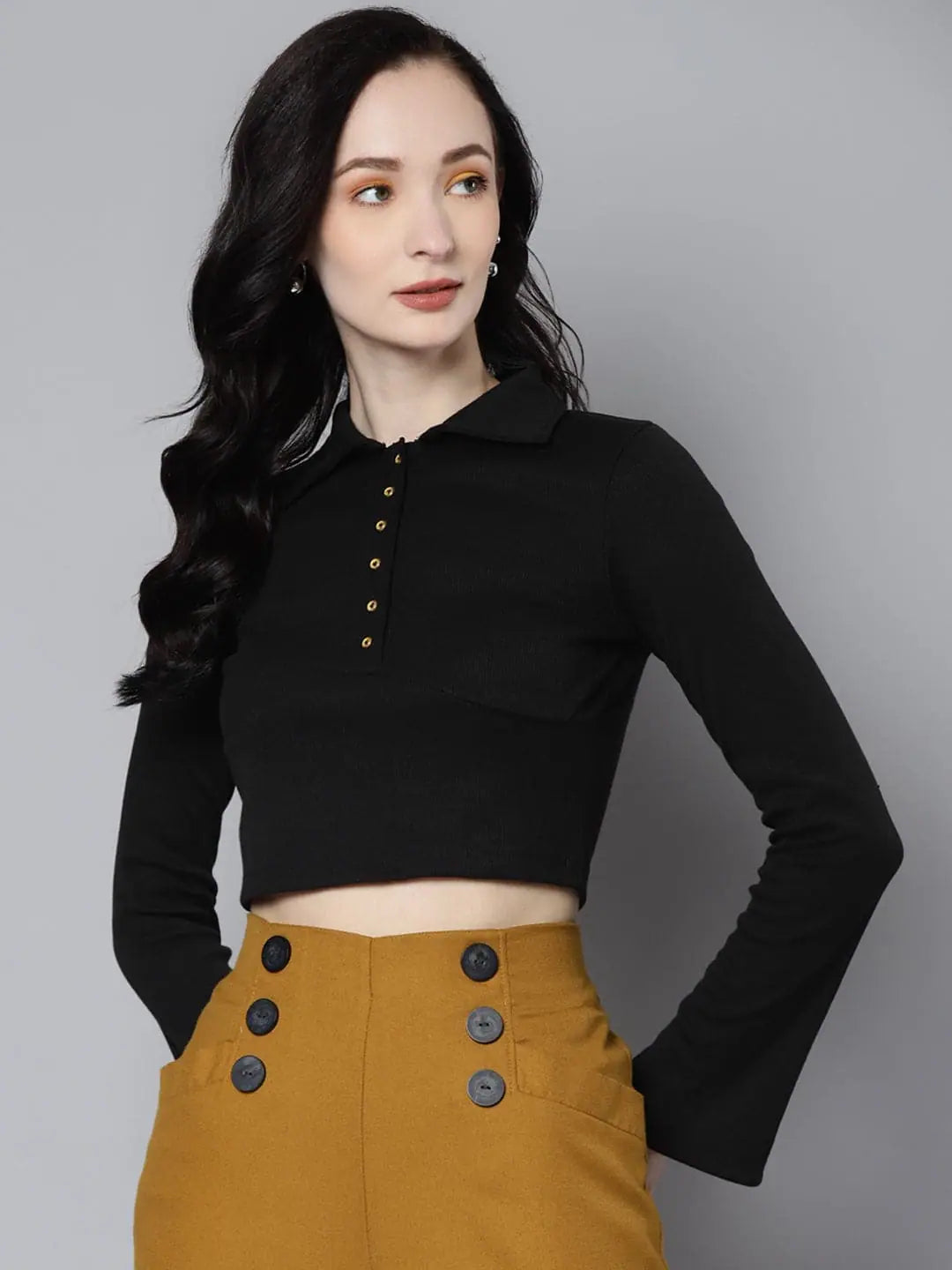 Black Rib Crop Top - Women's Full Sleeve Polo Neck T-Shirt
