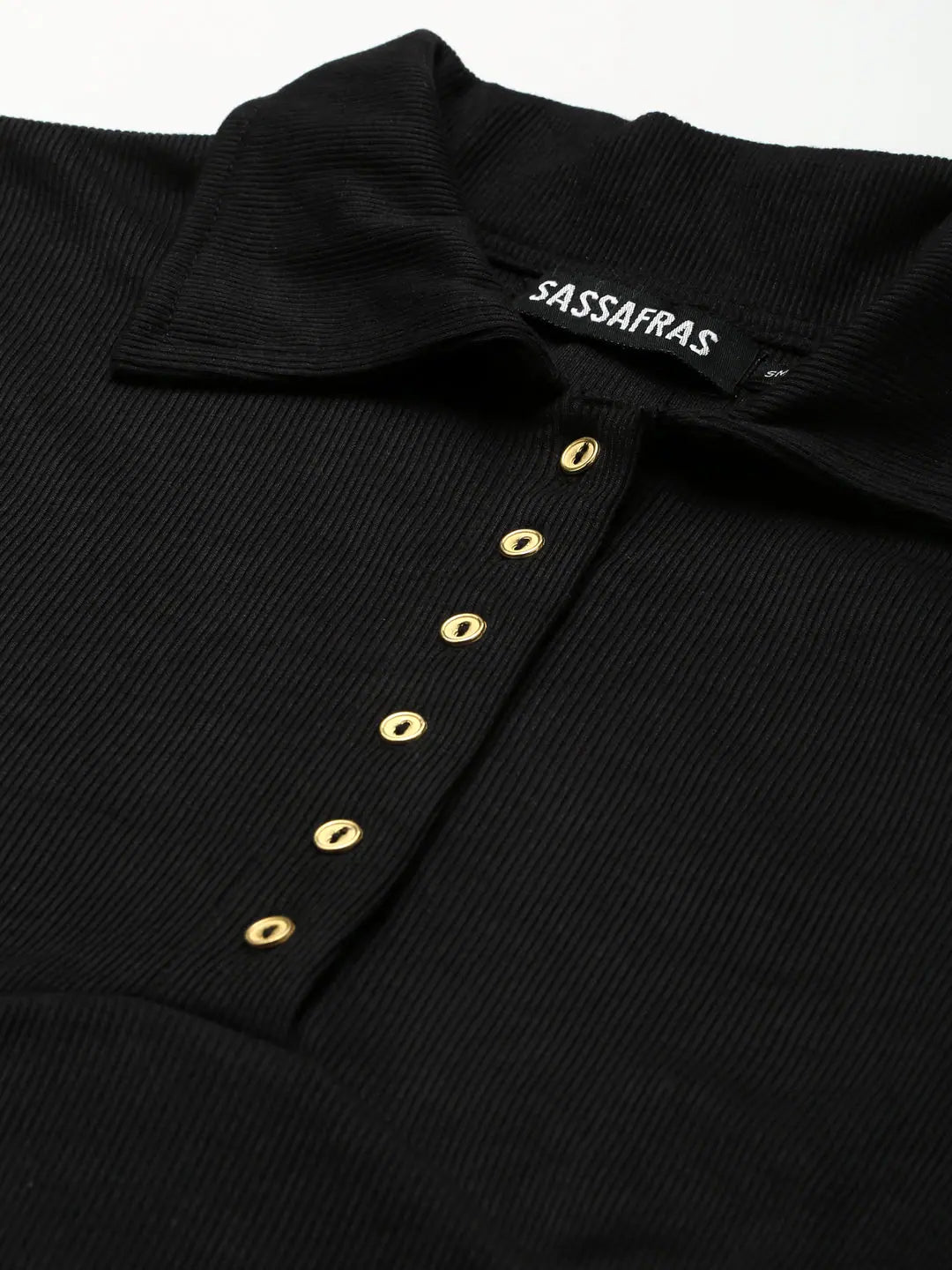 Black Rib Crop Top - Women's Full Sleeve Polo Neck T-Shirt