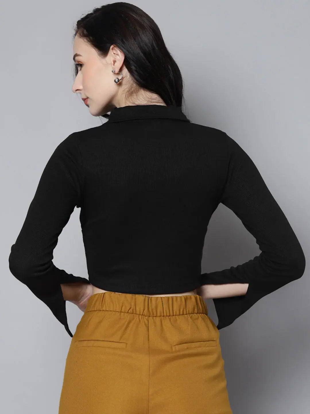 Black Rib Crop Top - Women's Full Sleeve Polo Neck T-Shirt