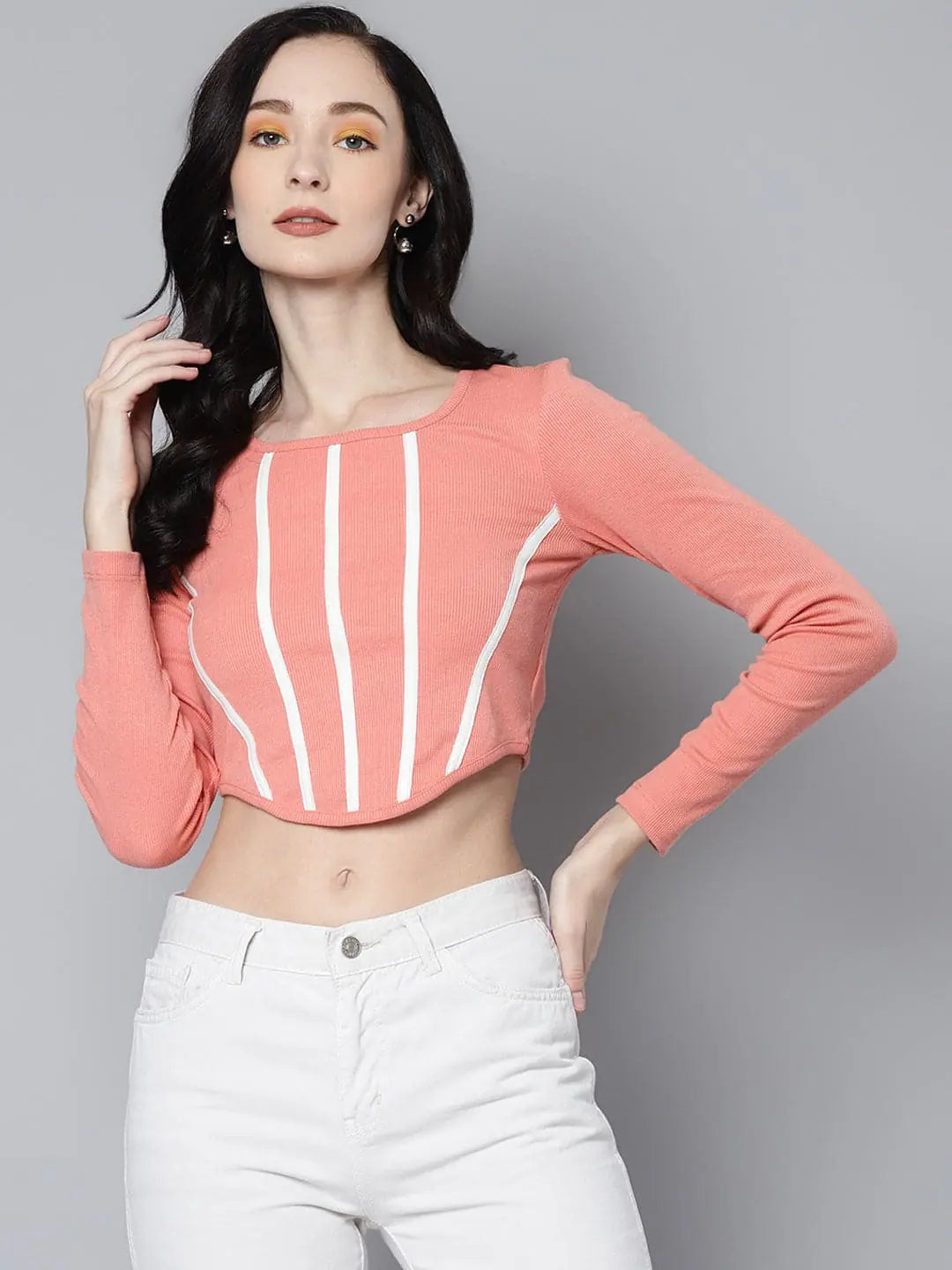 Peach Rib Crop Top - Women's Long Sleeve Square Neck Shirt