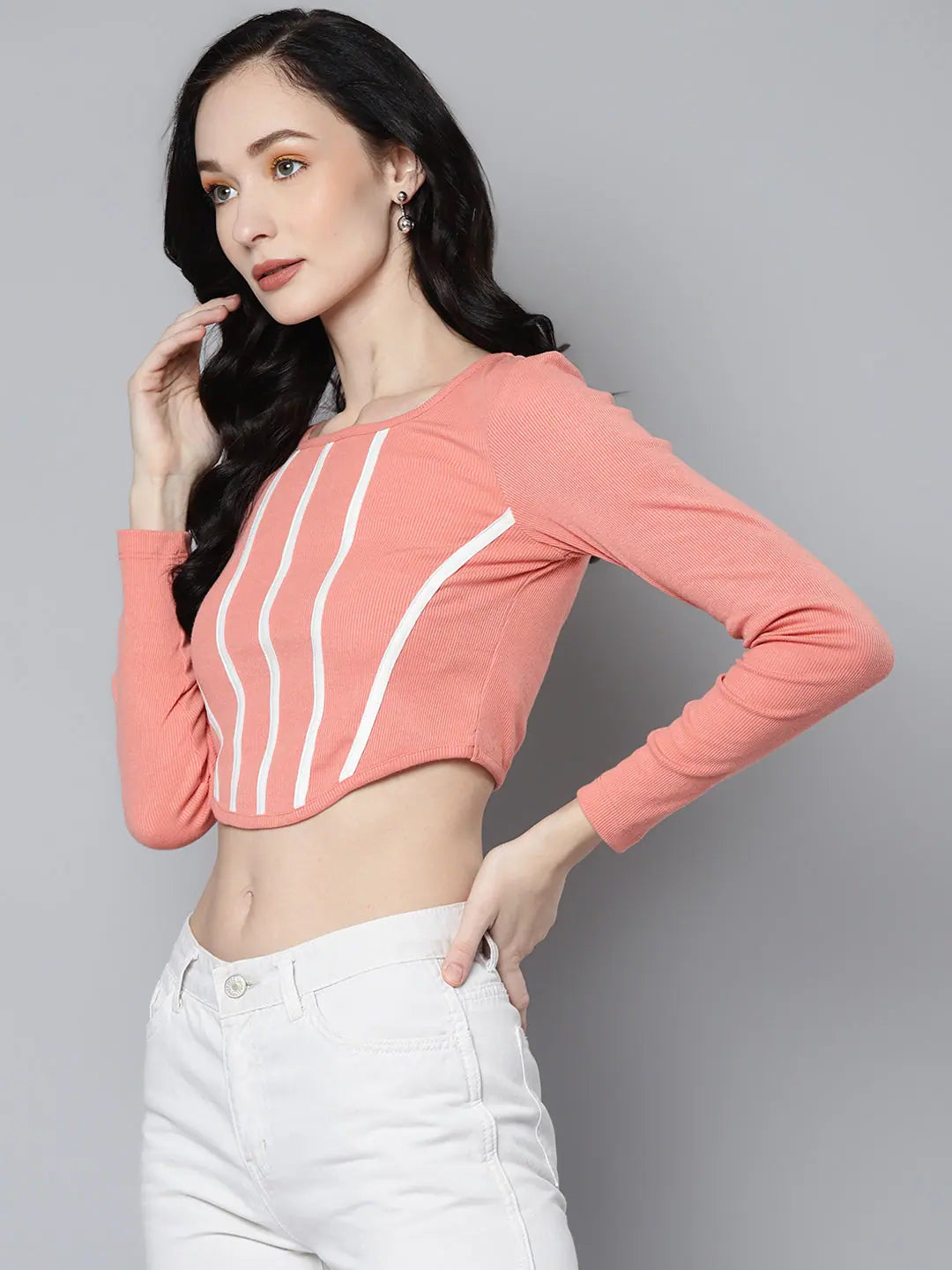 Peach Rib Crop Top - Women's Long Sleeve Square Neck Shirt