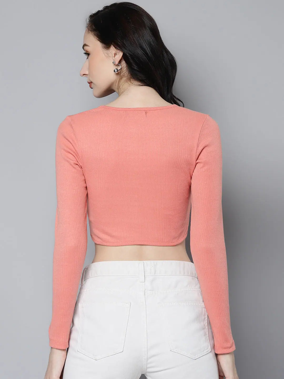 Peach Rib Crop Top - Women's Long Sleeve Square Neck Shirt