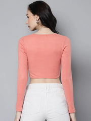 Women Peach Rib Long Sleeves Square Neck Crop Top