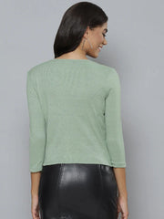Women Olive Rib Full Sleeves Ruched Top