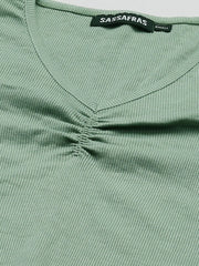 Women Olive Rib Full Sleeves Ruched Top
