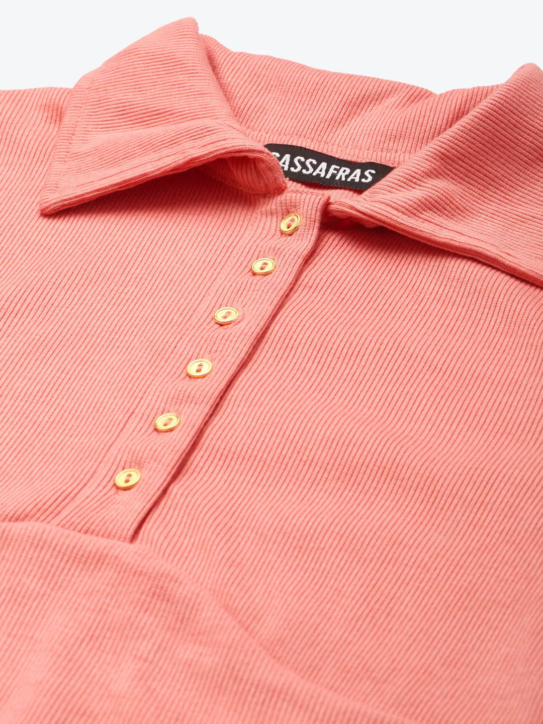 Peach Rib Crop Top - Women's Full Sleeve Polo Neck T-Shirt