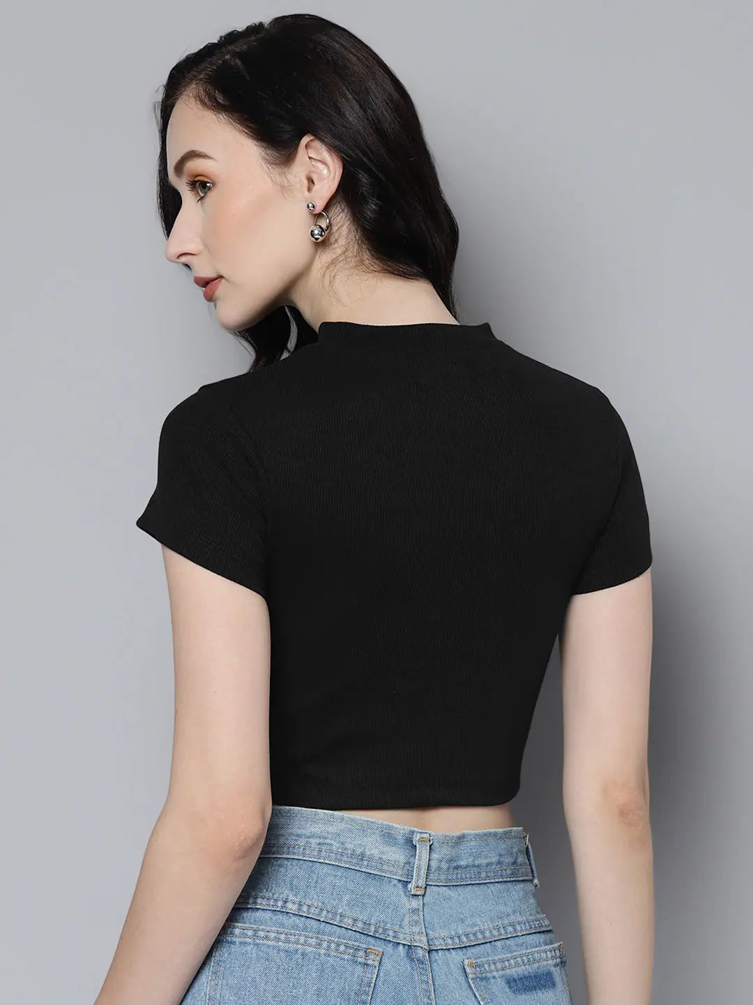 Women's Black Rib Moon Cut Out Crop Top | Fashionable Find