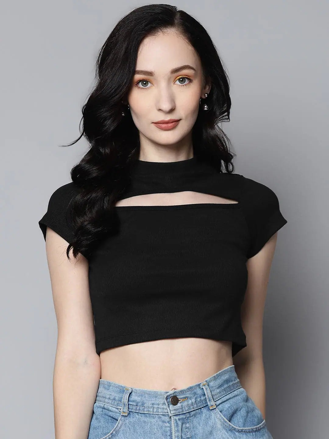 Women's Black Rib Moon Cut Out Crop Top | Fashionable Find