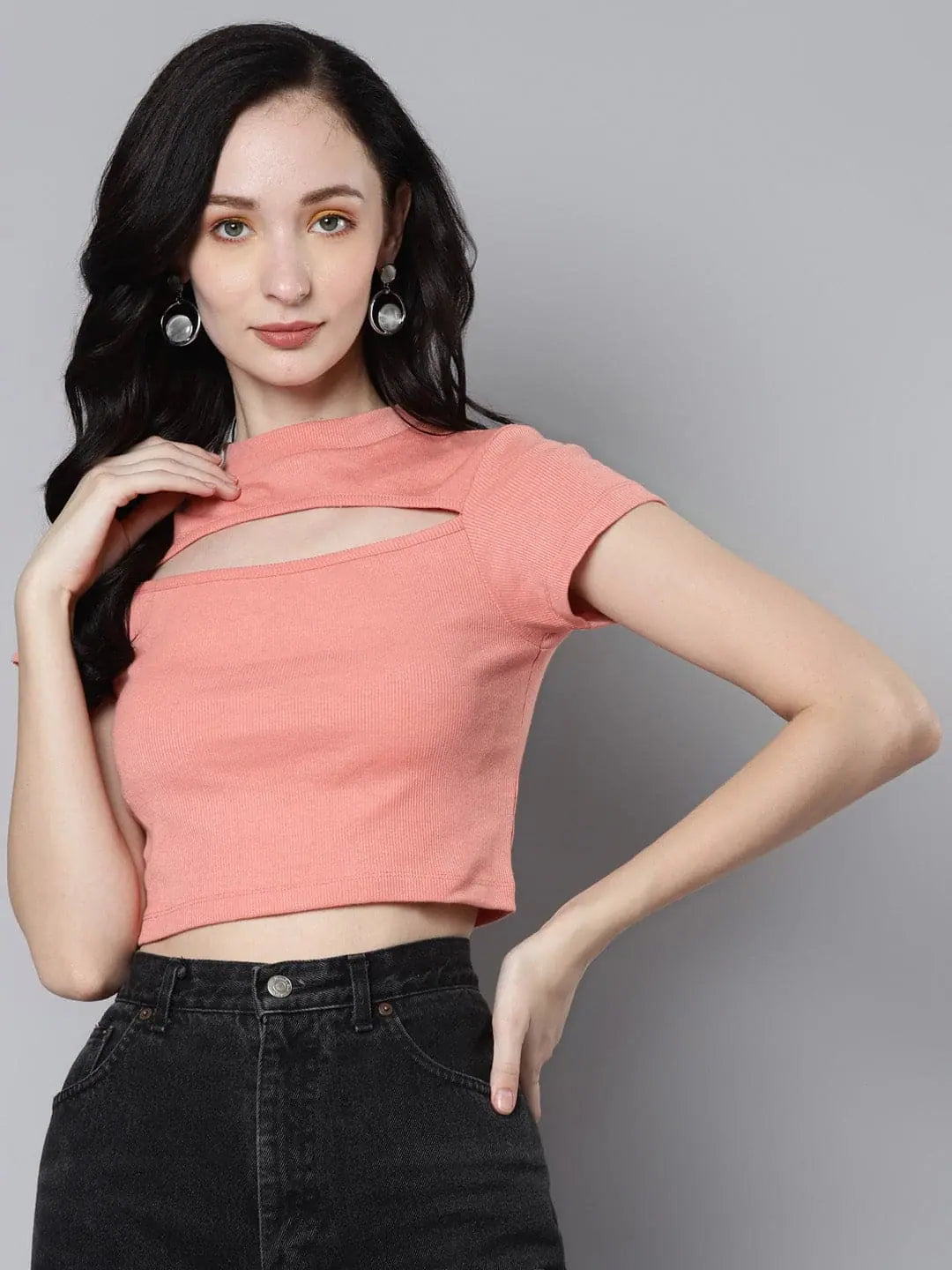 Peach Rib Moon Cut Out Crop Top for Women | Trendy Style