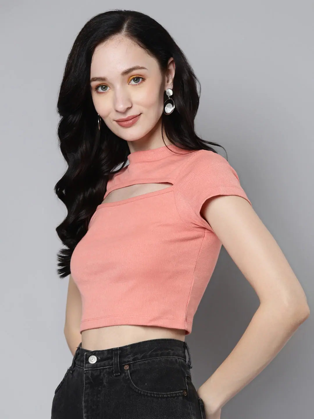 Peach Rib Moon Cut Out Crop Top for Women | Trendy Style