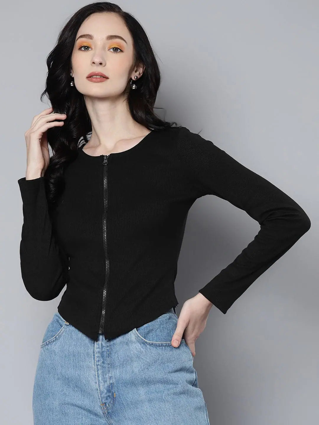 Black Rib Long Sleeve Zip Top - Women's Stylish Fashion