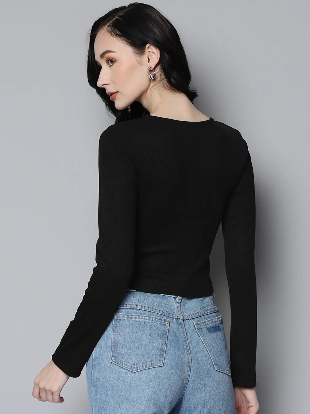 Black Rib Long Sleeve Zip Top - Women's Stylish Fashion