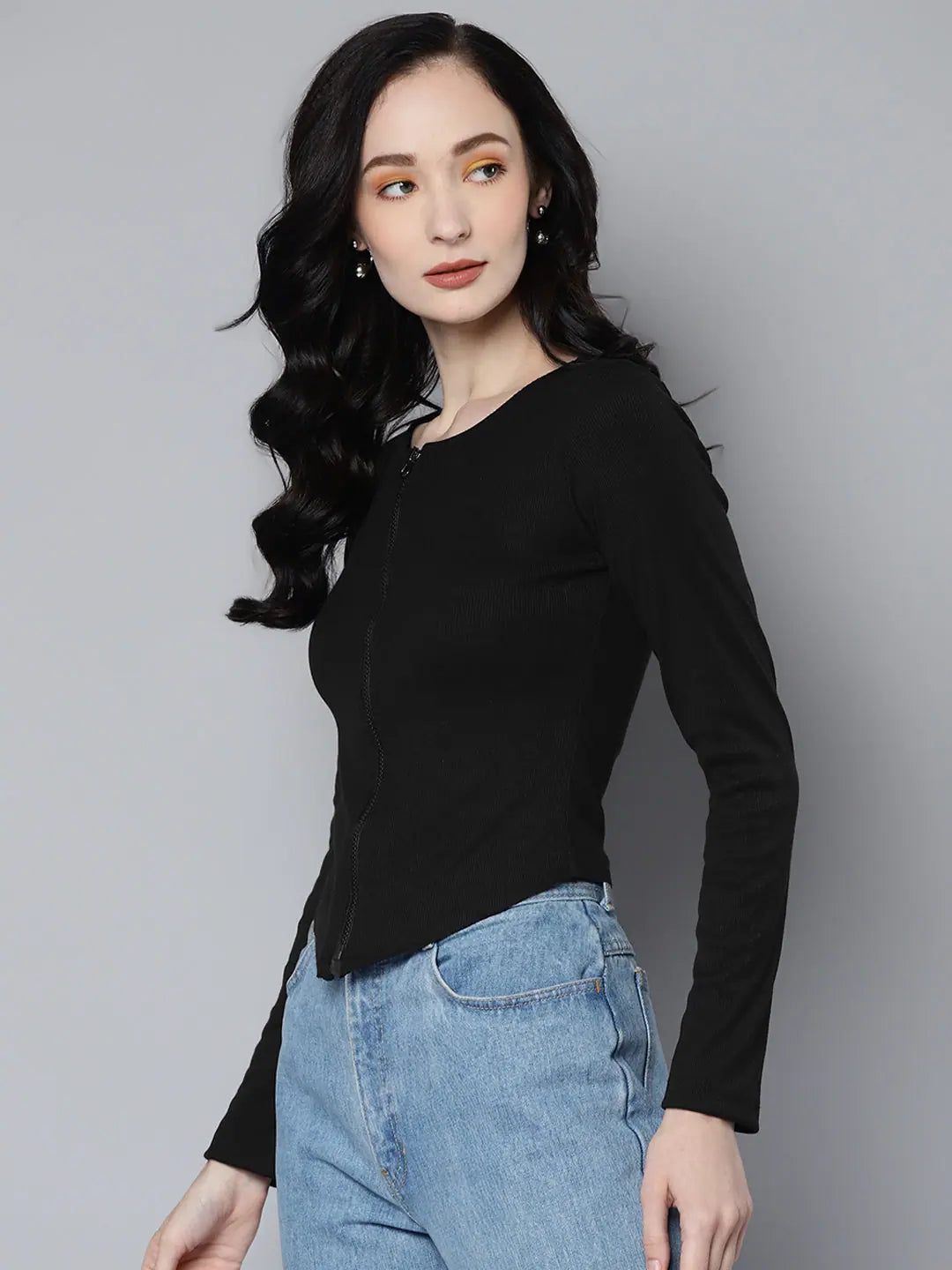 Black Rib Long Sleeve Zip Top - Women's Stylish Fashion