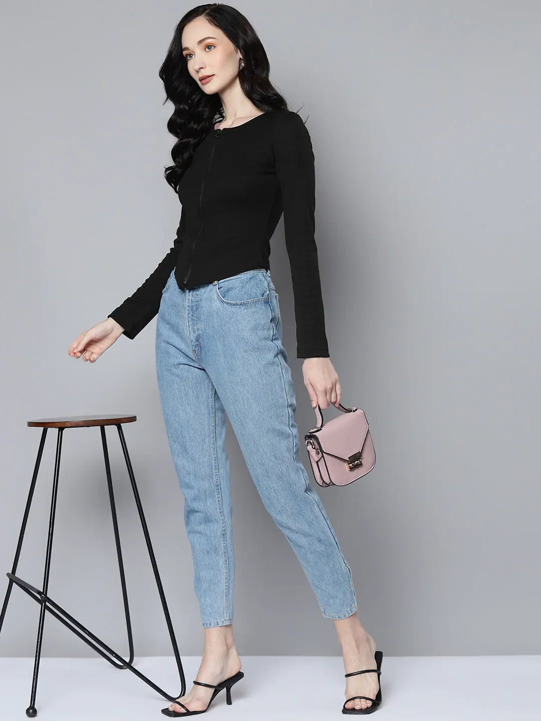 Black Rib Long Sleeve Zip Top - Women's Stylish Fashion