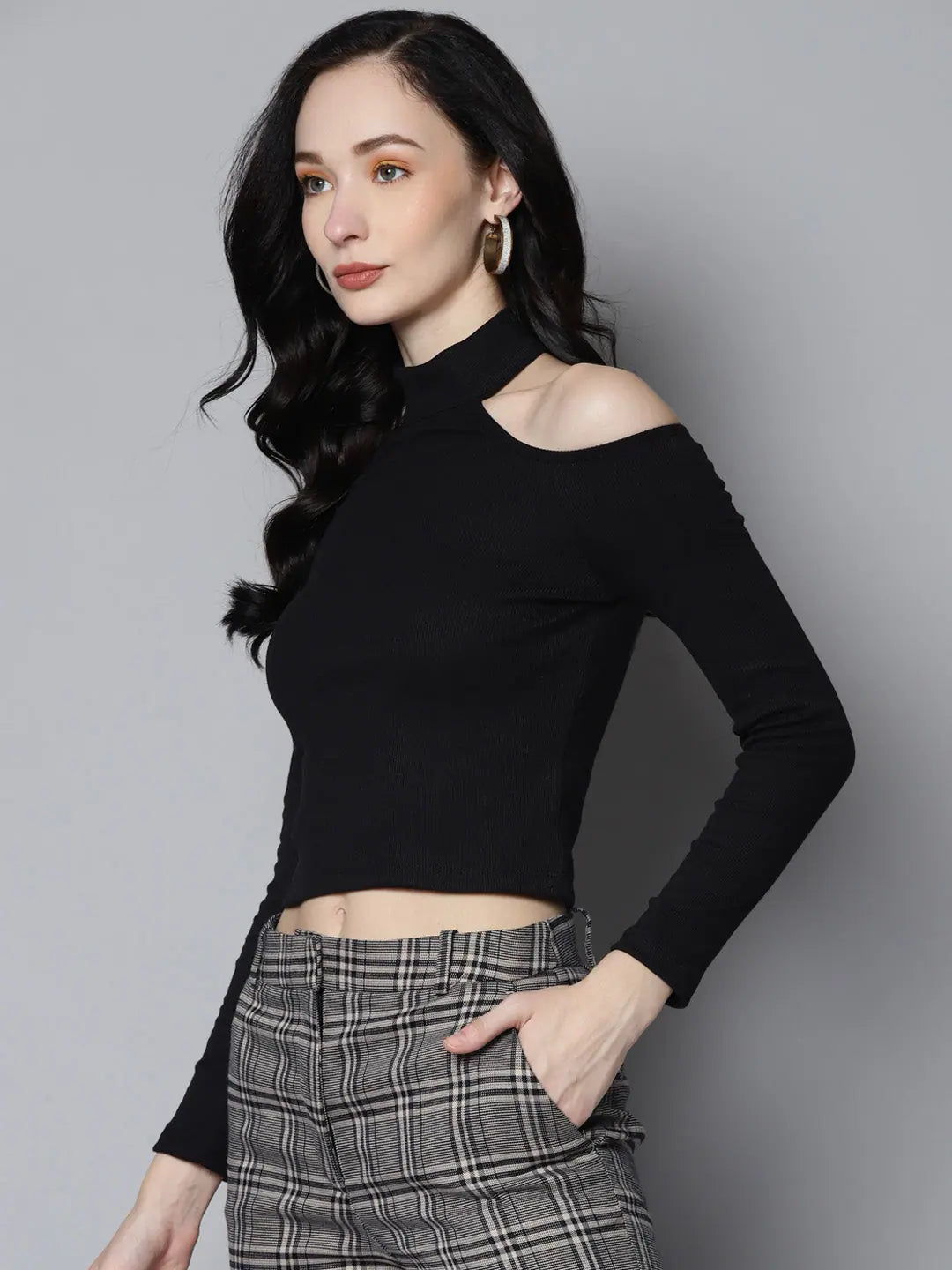 Black Rib High Neck Cold Shoulder Top - Trendy Women's Top