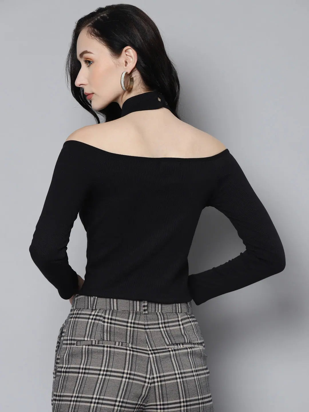 Black Rib High Neck Cold Shoulder Top - Trendy Women's Top