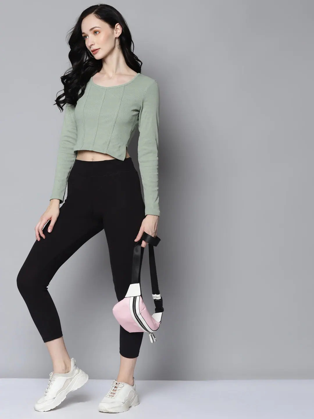 Olive Ribbed Full Sleeve Crop Top - Women's Stylish Top