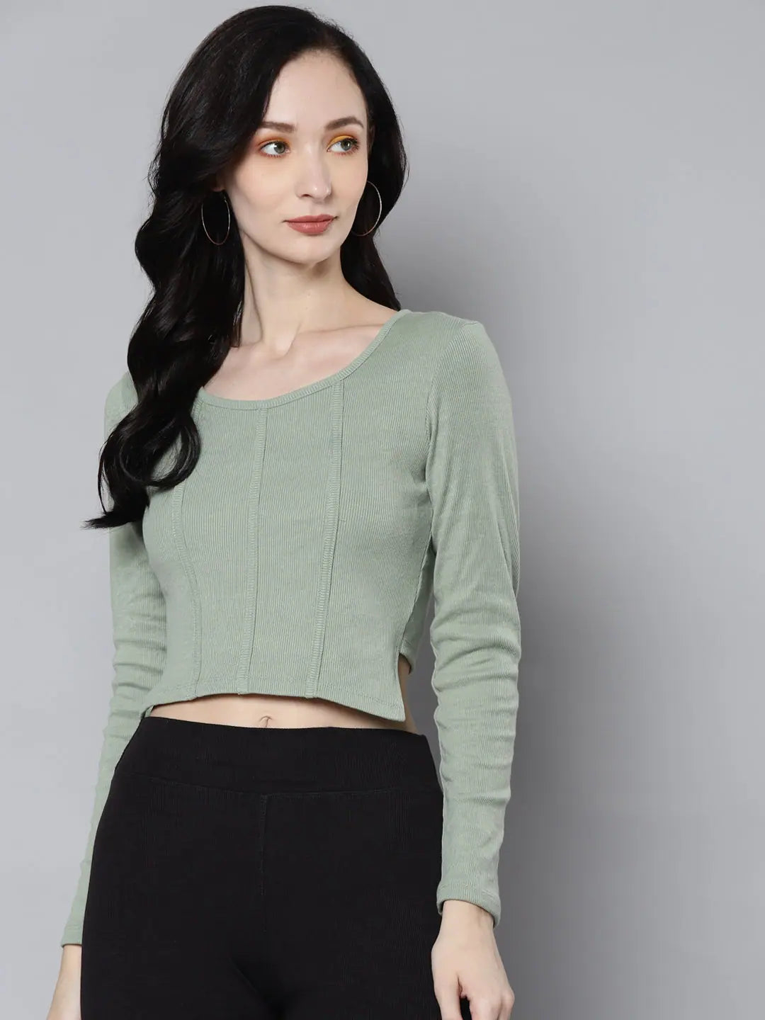 Olive Ribbed Full Sleeve Crop Top - Women's Stylish Top