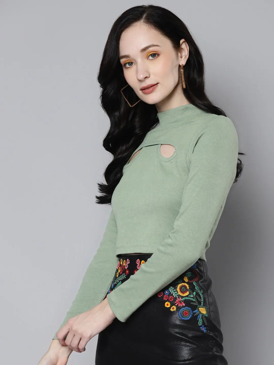 Olive Cut Out Crop Top - Ribbed Lycra, Women's Fashion