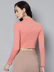 Women Peach Rib Front Cut Out Neck Crop Top
