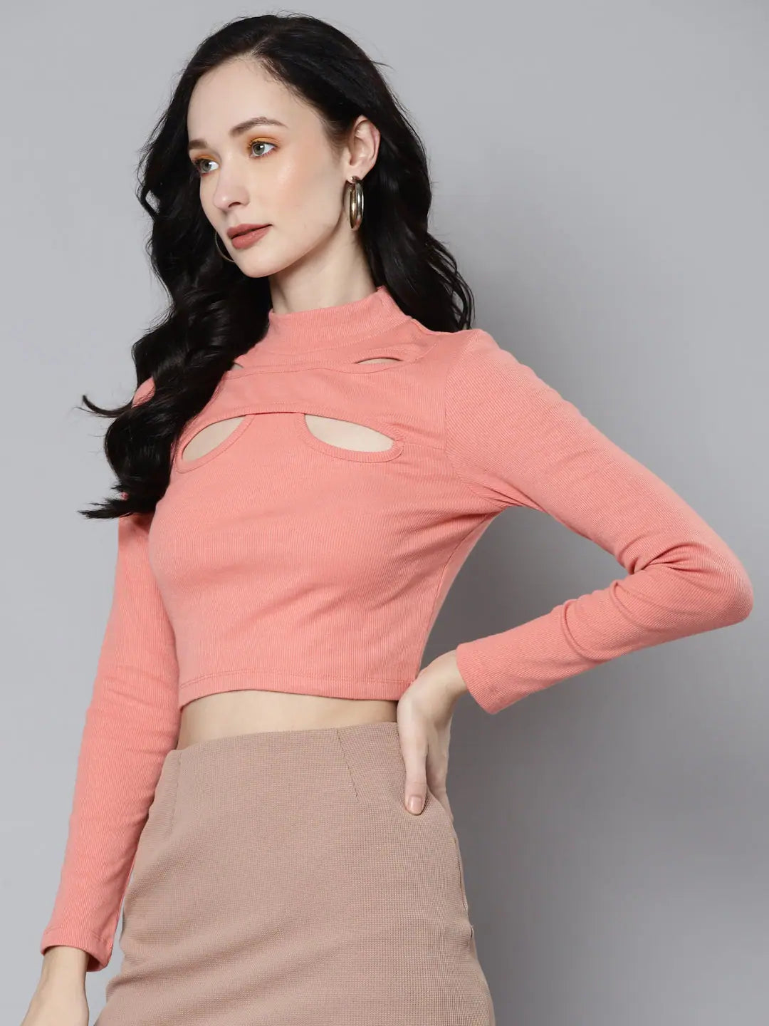 Peach Rib Cut Out Crop Top - Women's Trendy Fashion