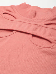 Women Peach Rib Front Cut Out Neck Crop Top