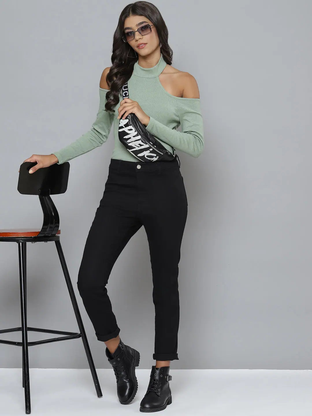 Olive Rib High Neck Cold Shoulder Top | Western Clothing