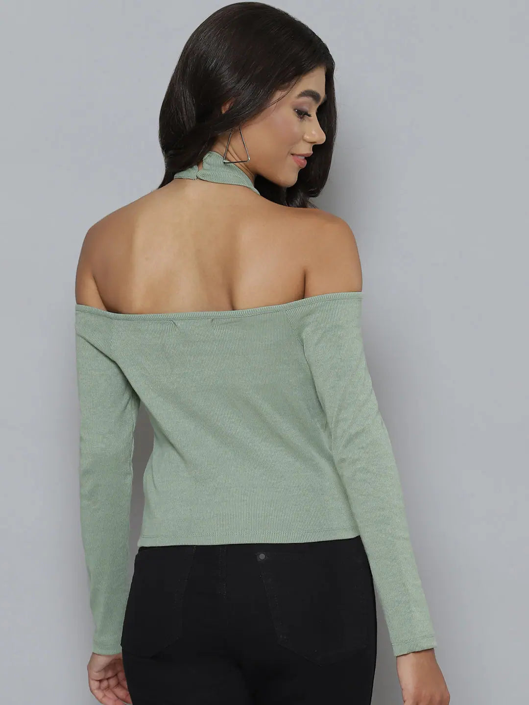 Olive Rib High Neck Cold Shoulder Top | Western Clothing