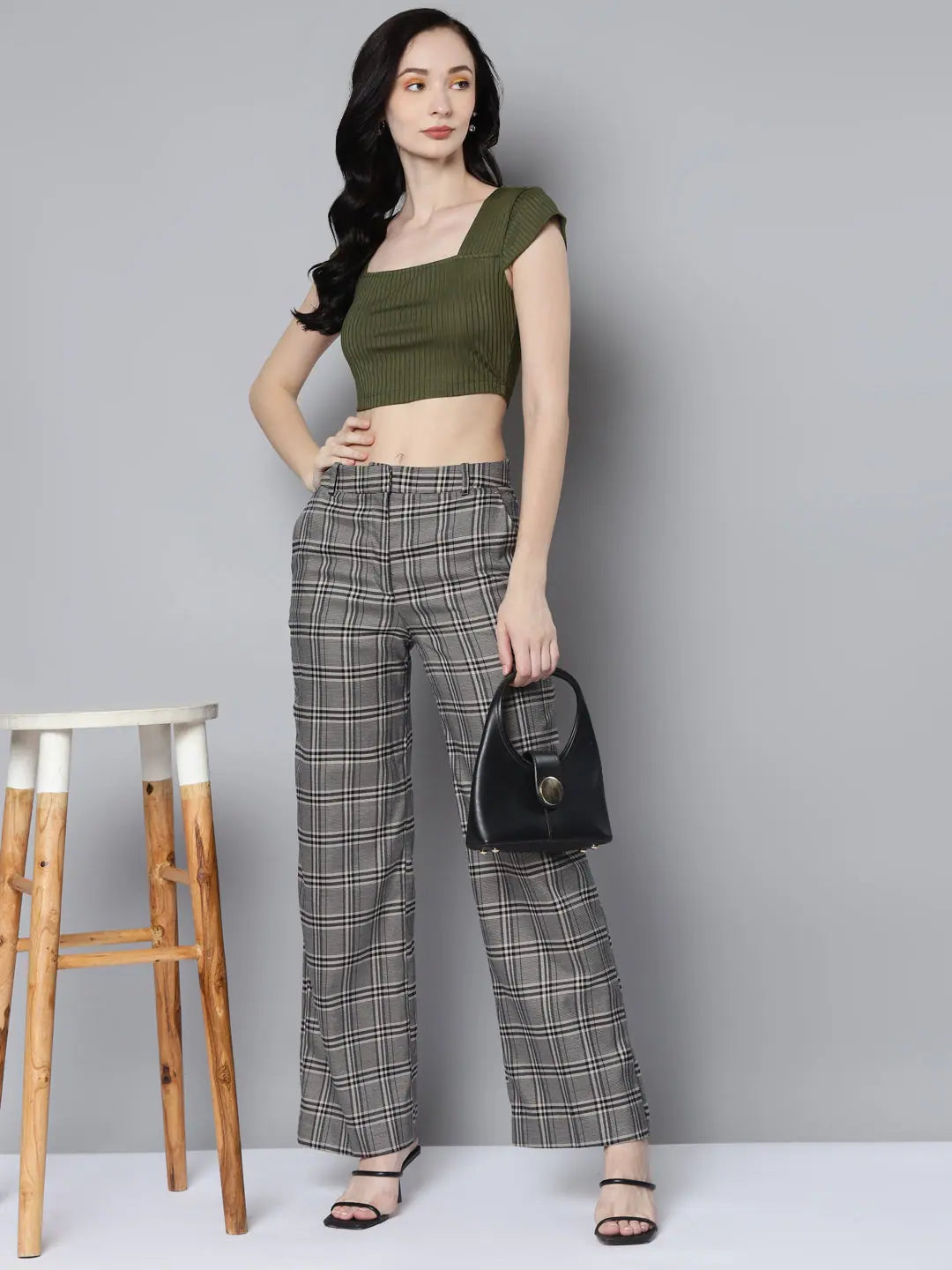 Olive Rib Crop Top - Square Neck, Women's Casual Style