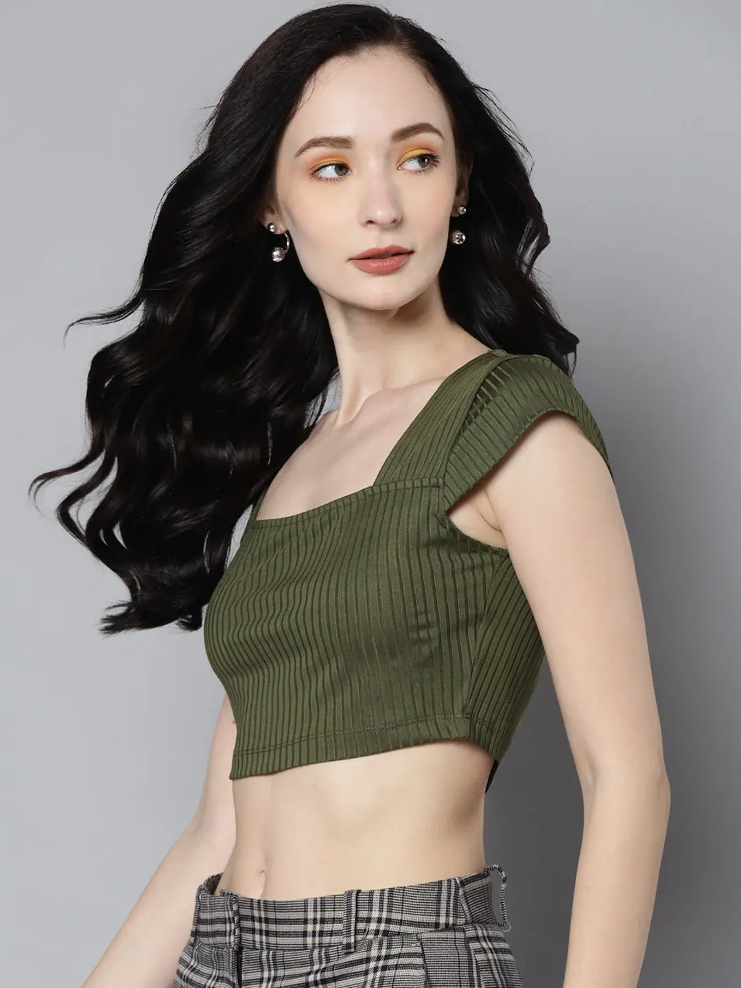 Olive Rib Crop Top - Square Neck, Women's Casual Style