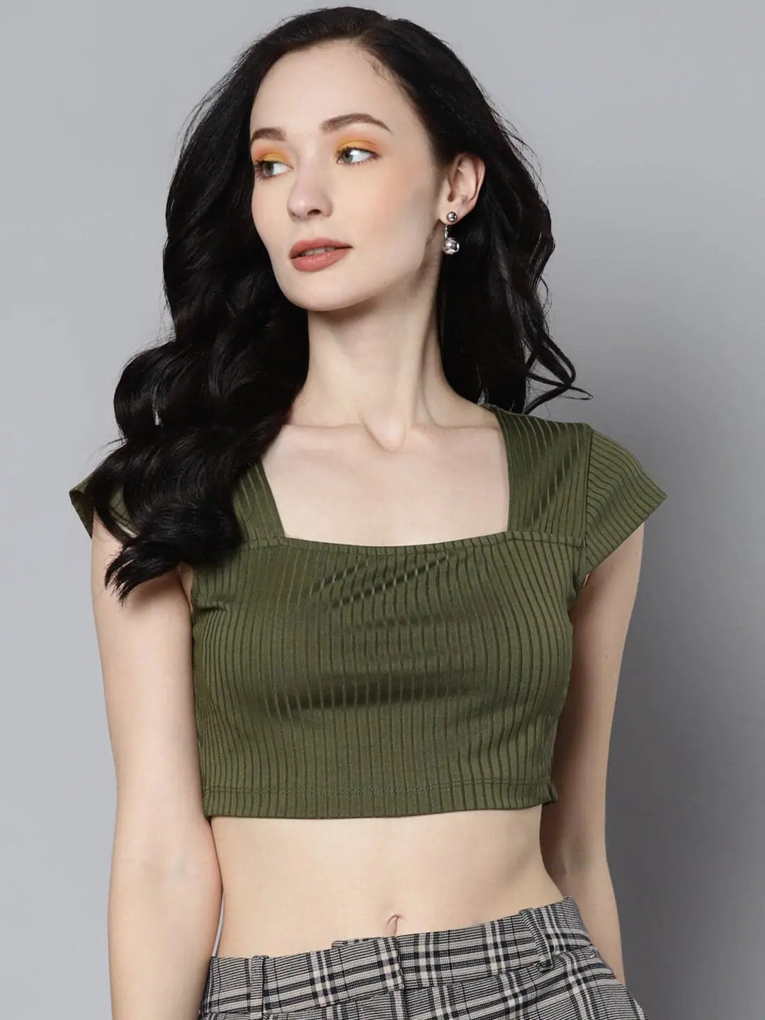 Olive Rib Crop Top - Square Neck, Women's Casual Style