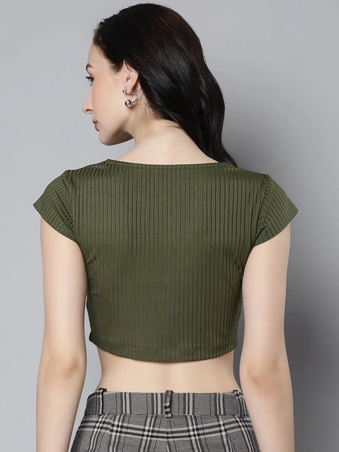 Olive Rib Crop Top - Square Neck, Women's Casual Style
