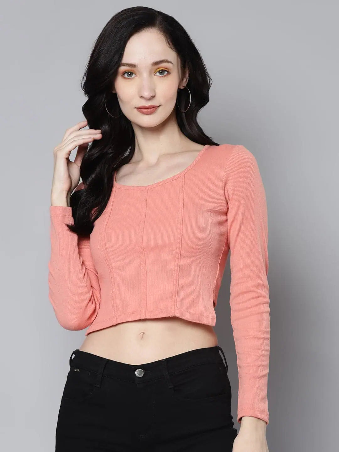 Peach Rib Crop Top - Full Sleeves, Women's Fashion