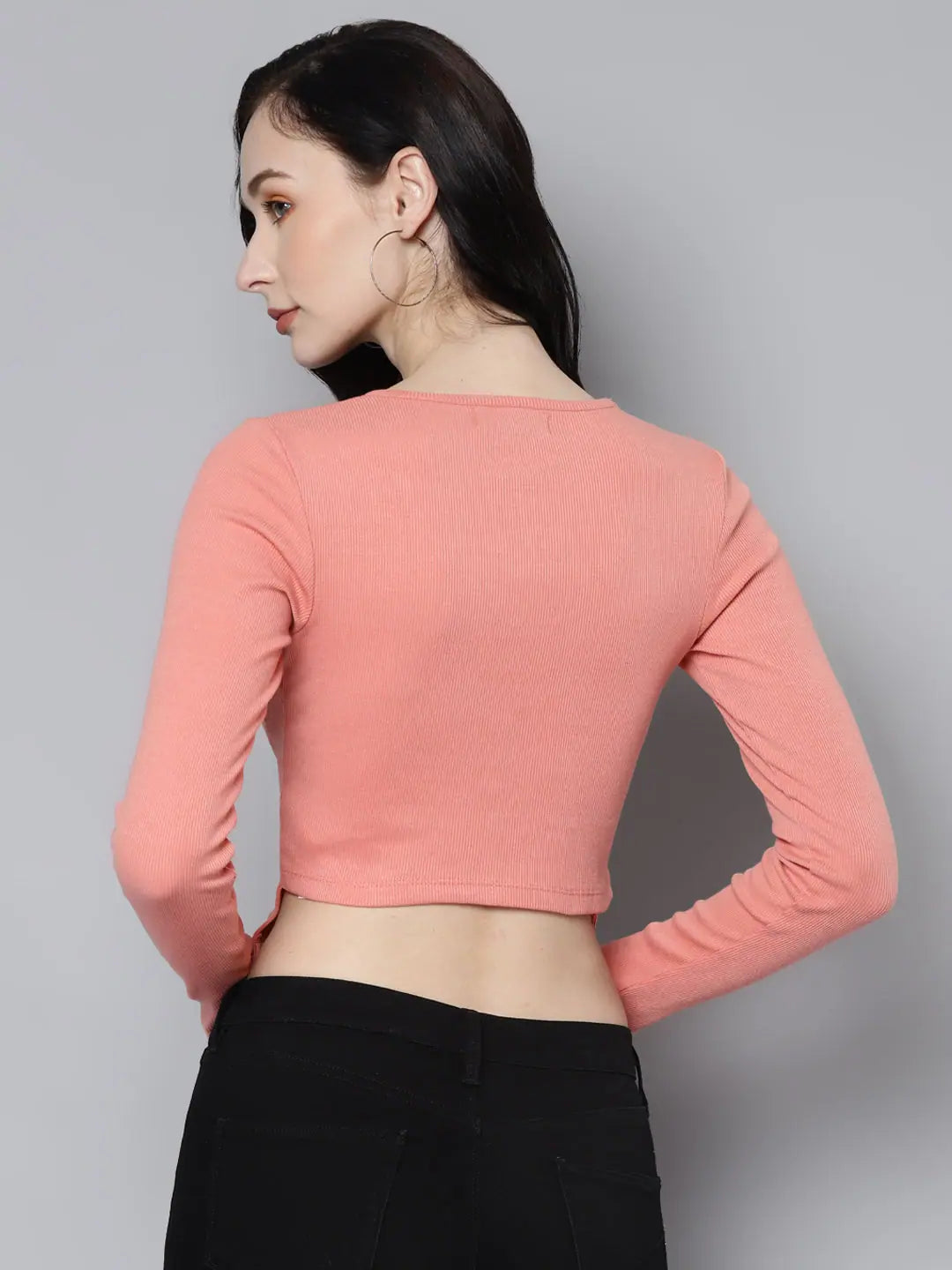 Peach Rib Crop Top - Full Sleeves, Women's Fashion