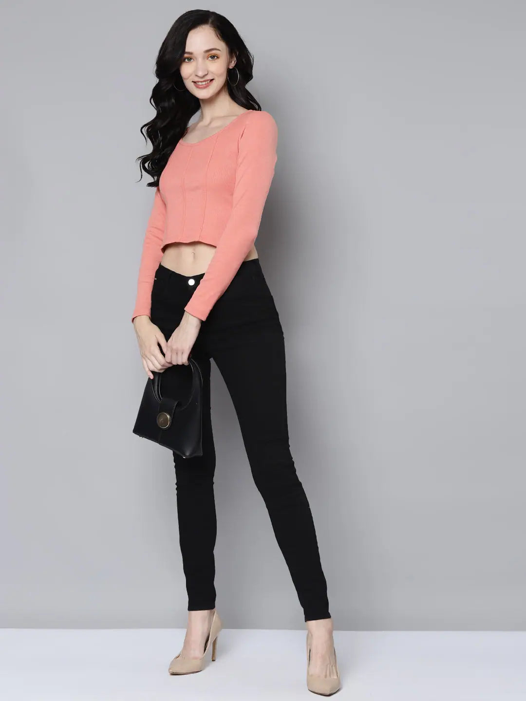 Peach Rib Crop Top - Full Sleeves, Women's Fashion