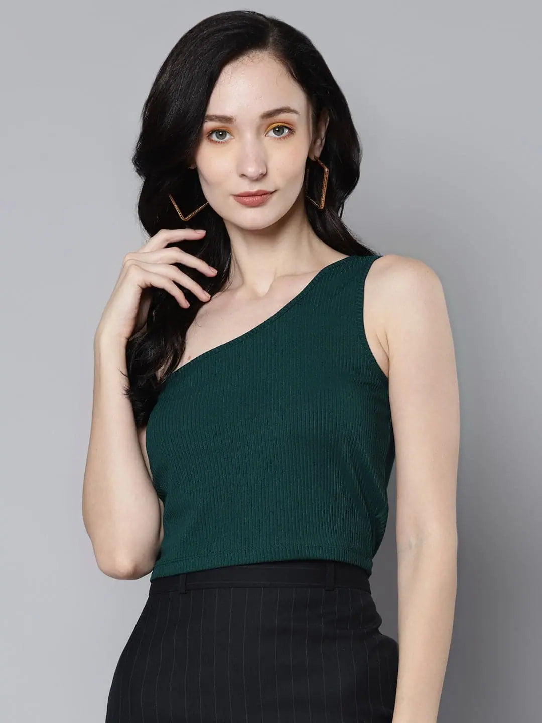 Emerald Green Rib One Shoulder Crop Top for Women