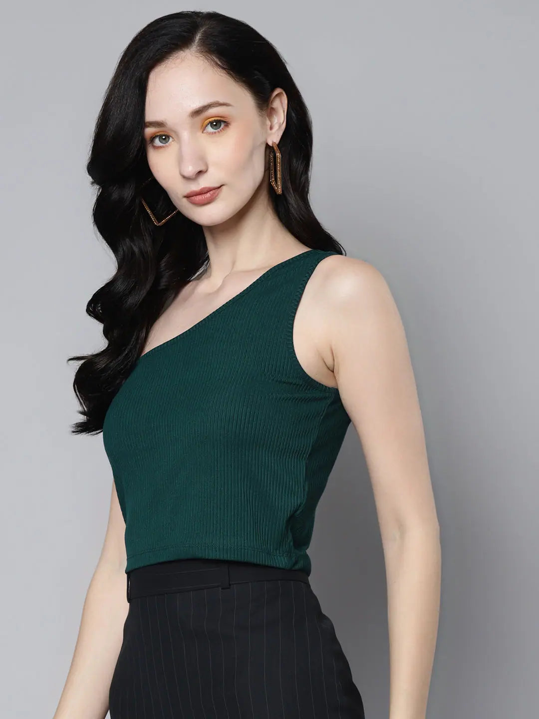 Emerald Green Rib One Shoulder Crop Top for Women