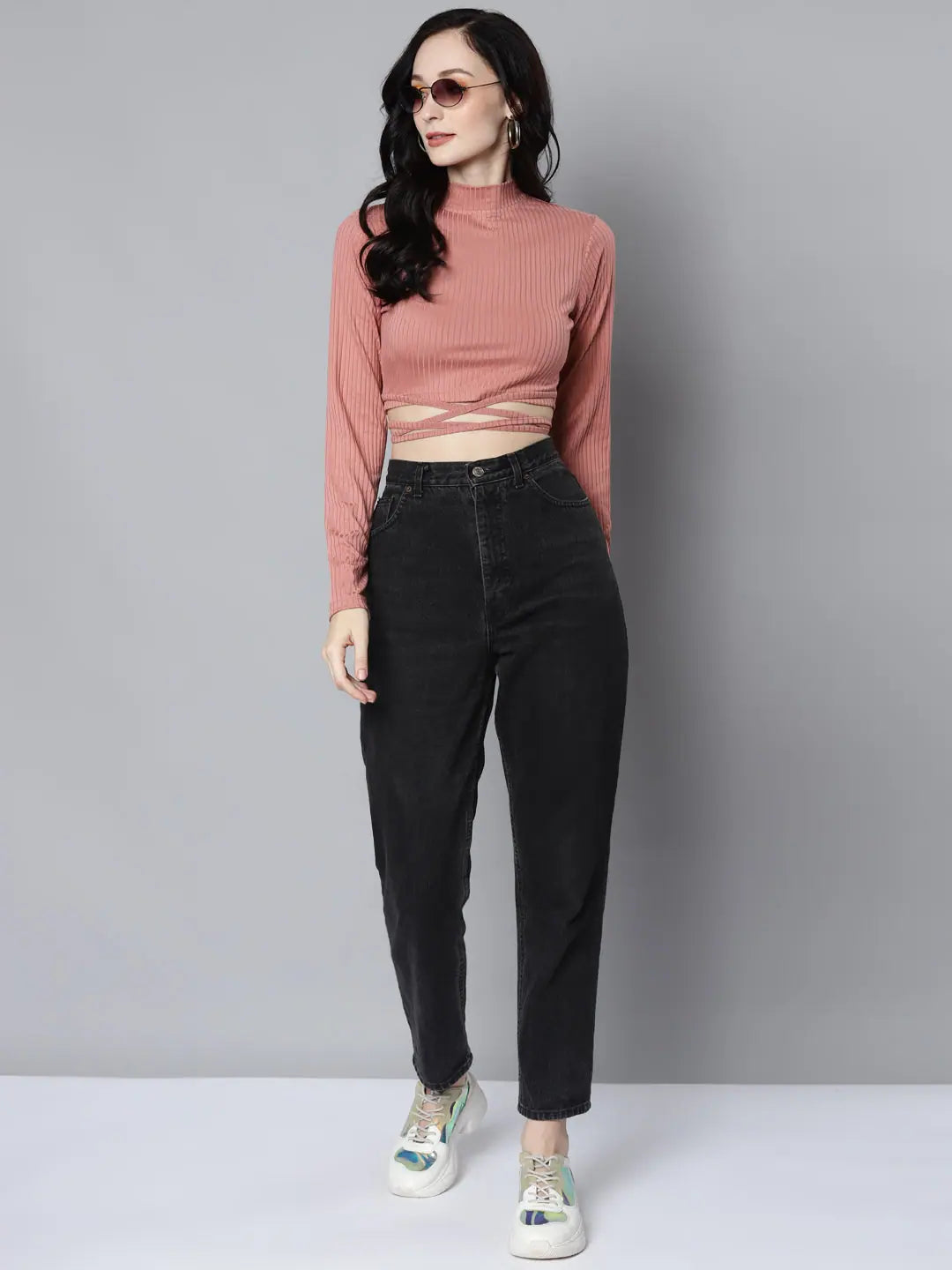 Baked Pink Rib Waist Tie Crop Top | Women's Western Clothing