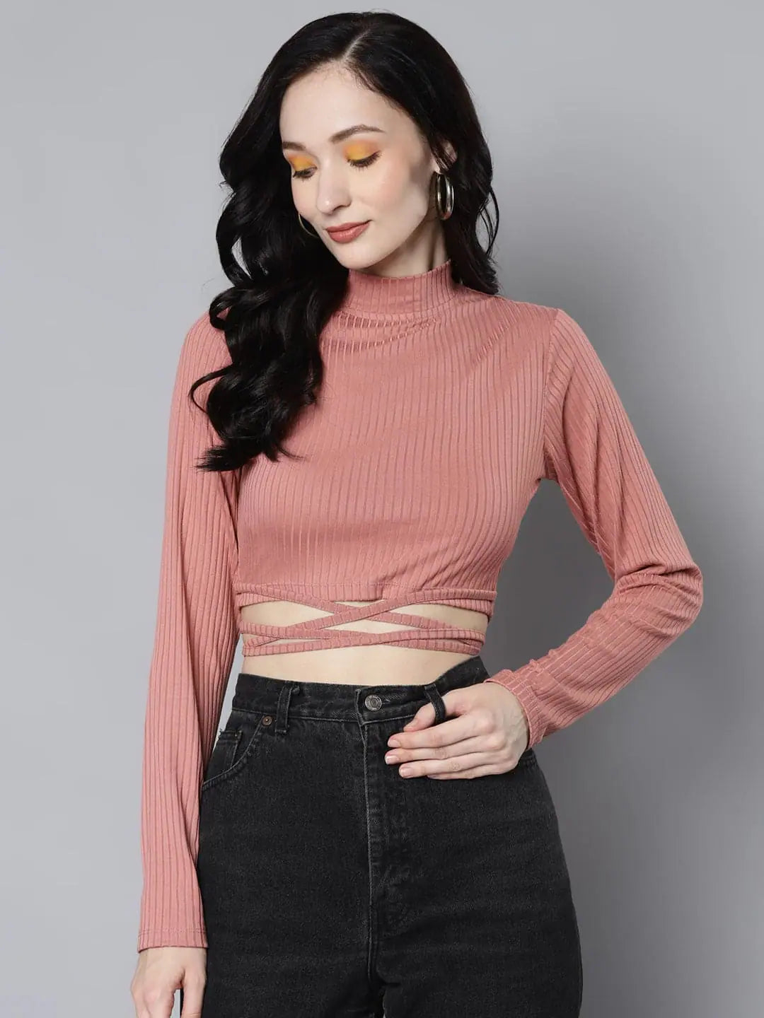 Baked Pink Rib Waist Tie Crop Top | Women's Western Clothing