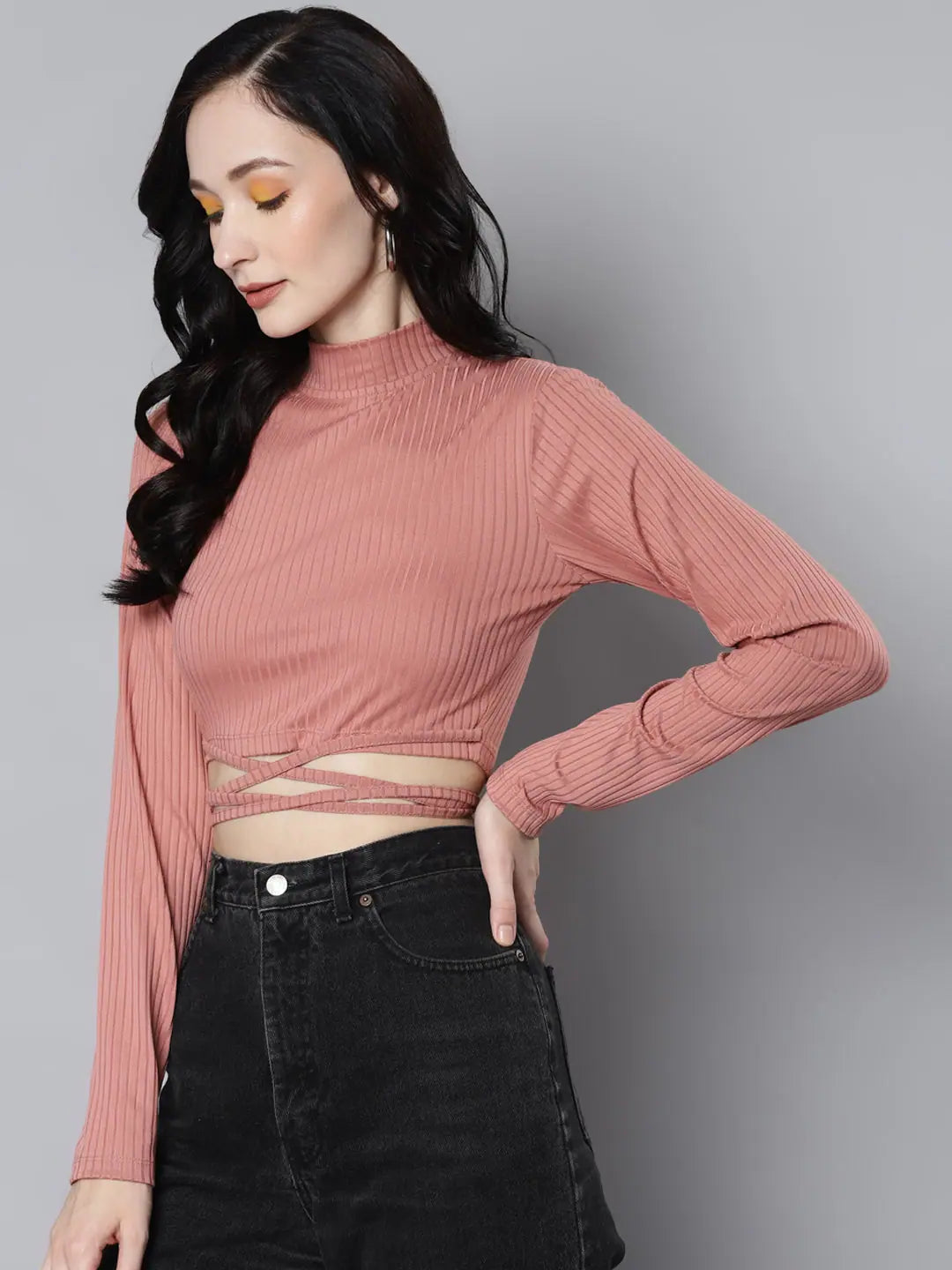 Baked Pink Rib Waist Tie Crop Top | Women's Western Clothing
