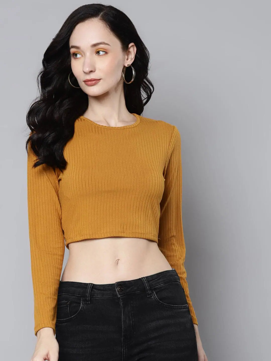 Mustard Rib Crop Top: Women's Back Cut Out Lycra Top
