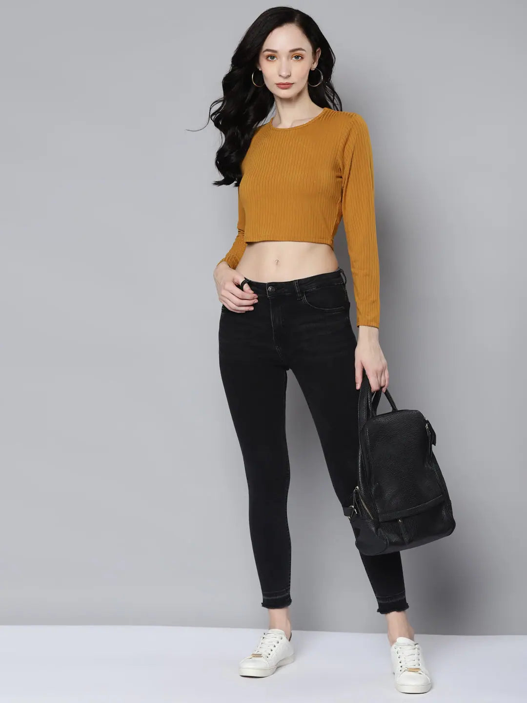 Mustard Rib Crop Top: Women's Back Cut Out Lycra Top