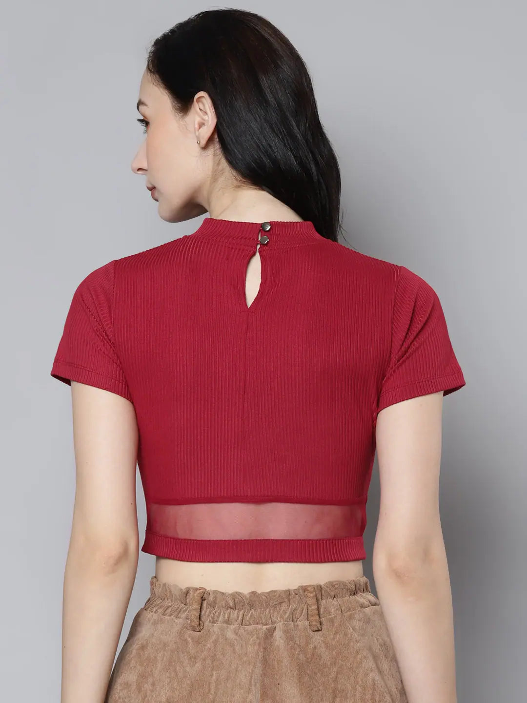 Red Rib High Neck Crop Top: Women's Mesh Waistband Detail
