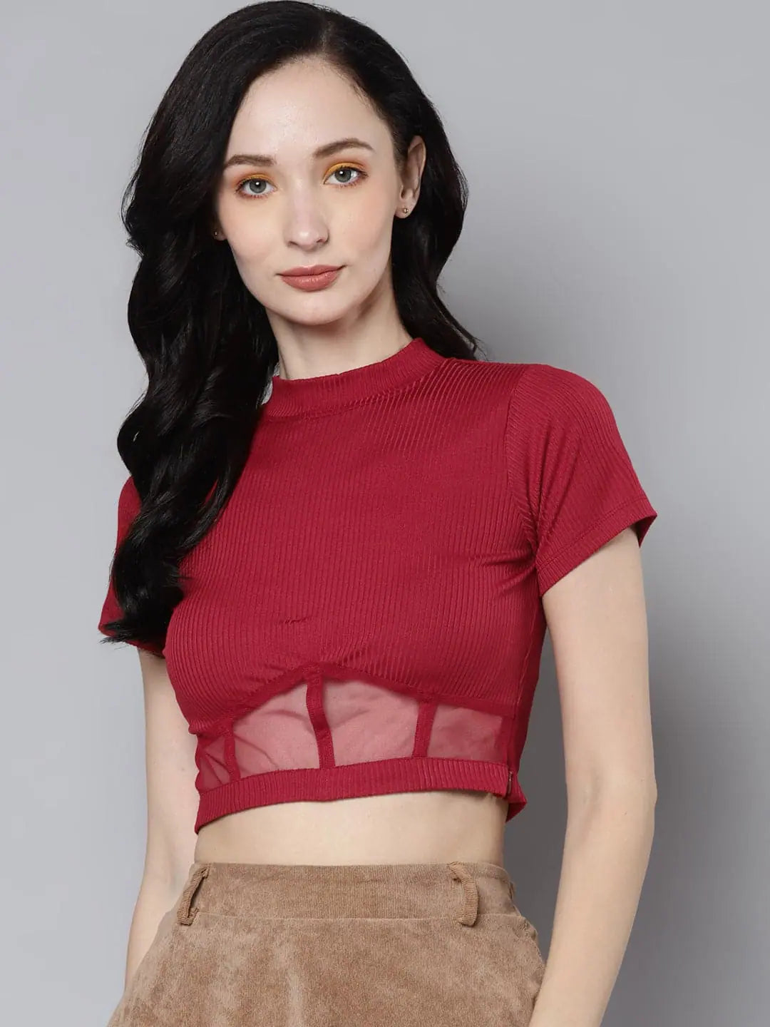 Red Rib High Neck Crop Top: Women's Mesh Waistband Detail