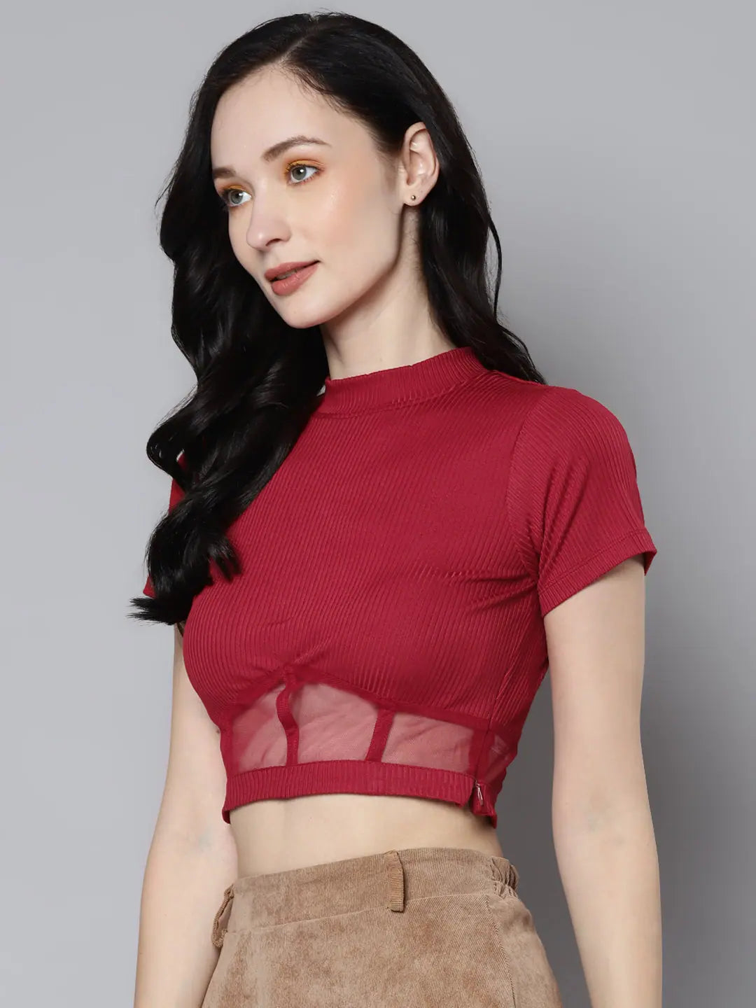 Red Rib High Neck Crop Top: Women's Mesh Waistband Detail