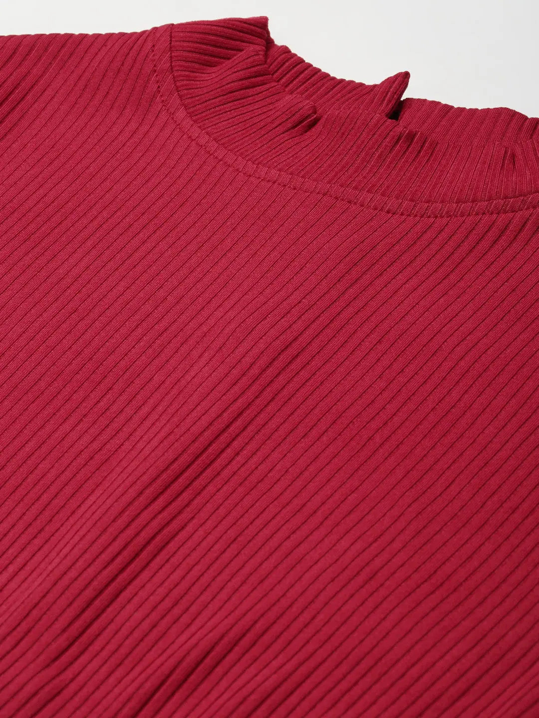 Red Rib High Neck Crop Top: Women's Mesh Waistband Detail