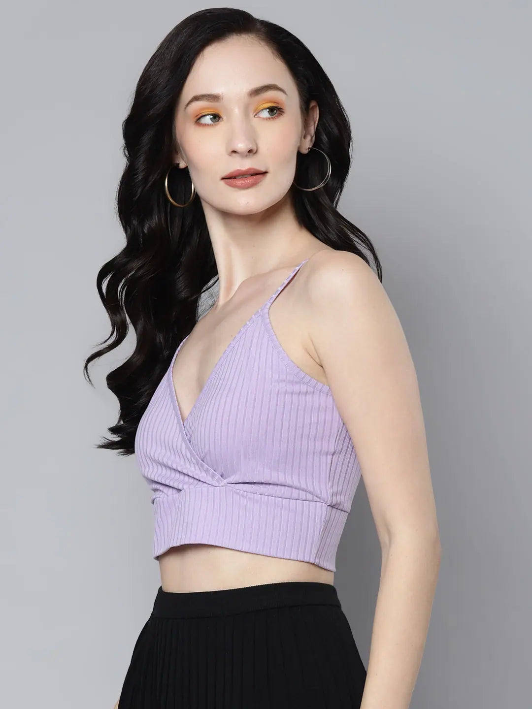 Lavender Crop Top: Women's Ribbed Wrap Neck Lycra Blend