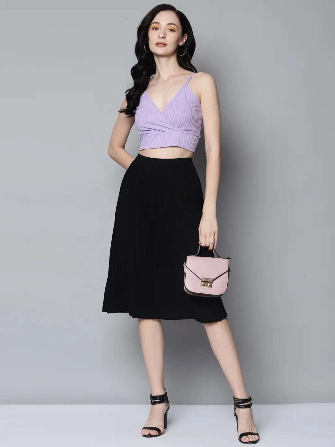 Lavender Crop Top: Women's Ribbed Wrap Neck Lycra Blend