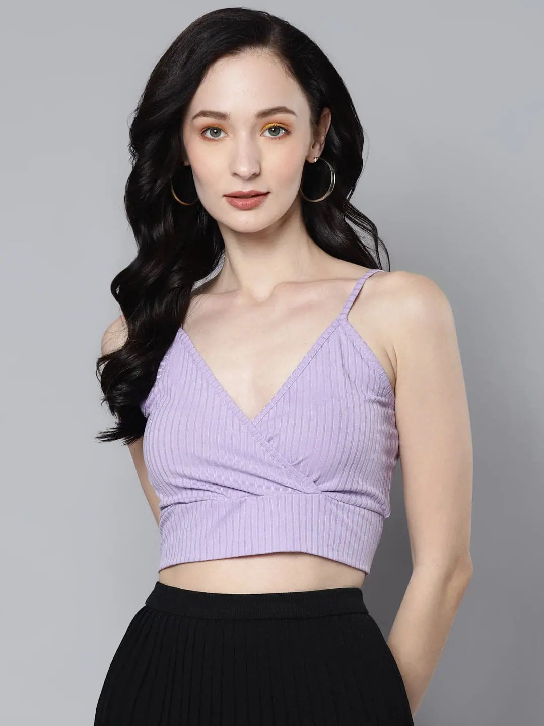 Lavender Crop Top: Women's Ribbed Wrap Neck Lycra Blend