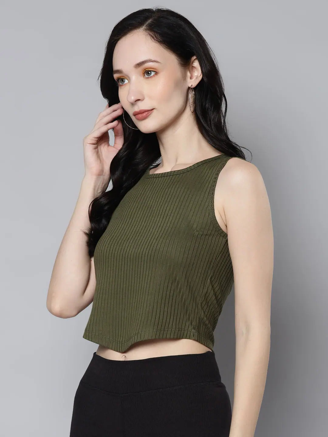 Olive Rib V-Hem Crop Top for Women | Stylish Knit Top